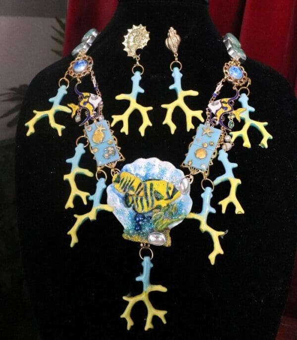 SOLD! 7631 Set Of Nautical Tropical fish Coral Reef Hand Painted Necklace+ Earrings