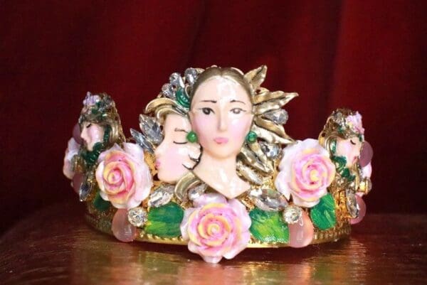 7785 Art Nouveau Faces Roses Unusual Hand Painted Crown - Image 4