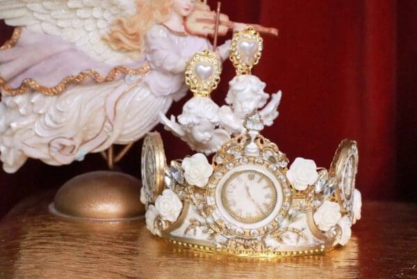 SOLD! 7786 Baroque Vintage Style Clocks Unusual Hand Painted Crown