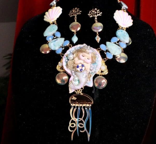 SOLD! 7797 Set Of Nautical Sleeping Little Mermaid Genuine Larimar Gemstones Necklace+ Earrings - Image 4