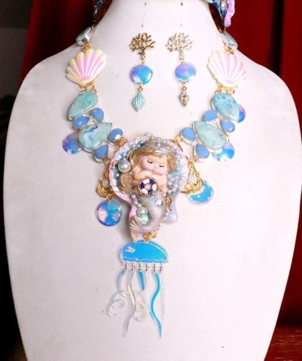 SOLD! 7797 Set Of Nautical Sleeping Little Mermaid Genuine Larimar Gemstones Necklace+ Earrings - Image 7