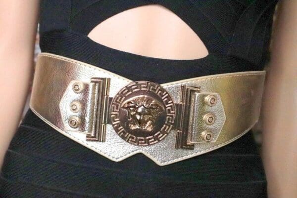 A close up of the belt on someone 's chest.