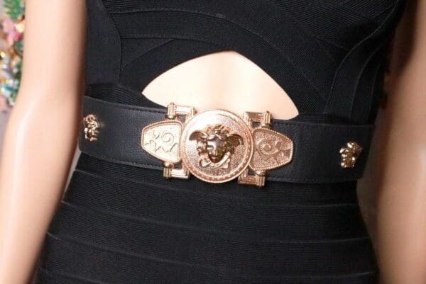 A close up of the belt buckle on a woman 's dress