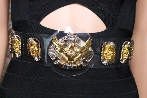 A close up of the belt with several different designs on it