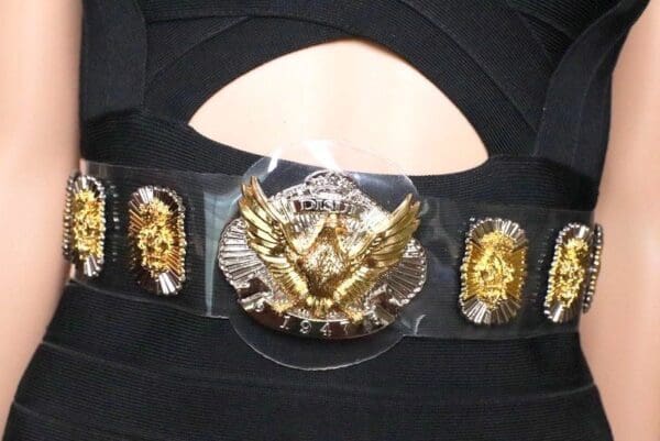A close up of the belt with gold and silver decorations