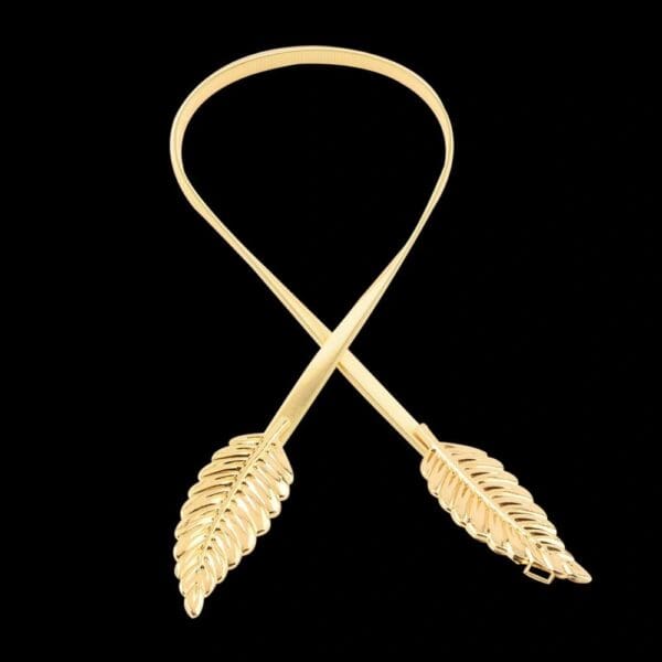 A gold colored headband with two leaves on it.