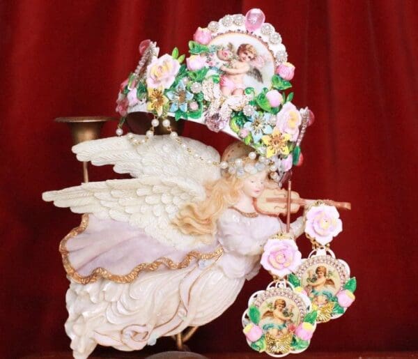 7928 Set Of Rococo Bridal Cherubs Angels Cameos Crown Tall Headband+ Earrings - Image 4
