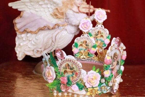 7928 Set Of Rococo Bridal Cherubs Angels Cameos Crown Tall Headband+ Earrings - Image 5