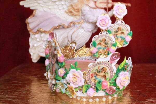 7928 Set Of Rococo Bridal Cherubs Angels Cameos Crown Tall Headband+ Earrings - Image 6