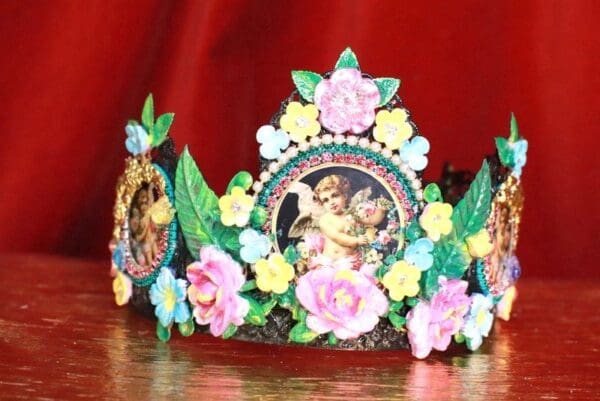 7929 Set Of Rococo Bridal Black Cherubs Angels Cameos Crown Tall Headband+ Earrings - Image 2