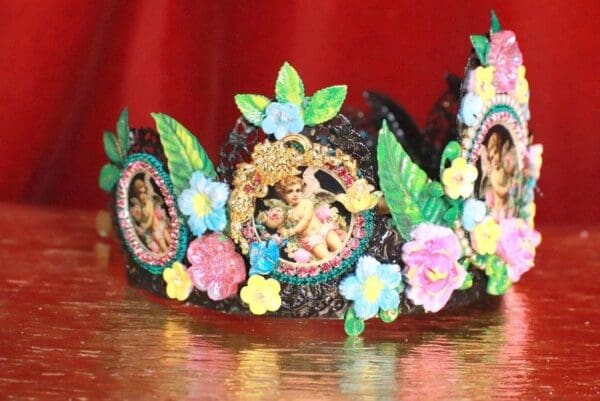 7929 Set Of Rococo Bridal Black Cherubs Angels Cameos Crown Tall Headband+ Earrings - Image 3