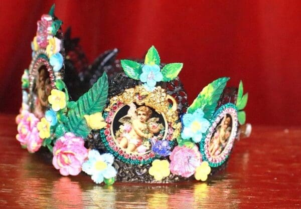 7929 Set Of Rococo Bridal Black Cherubs Angels Cameos Crown Tall Headband+ Earrings - Image 4