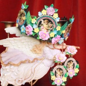 7929 Set Of Rococo Bridal Black Cherubs Angels Cameos Crown Tall Headband+ Earrings