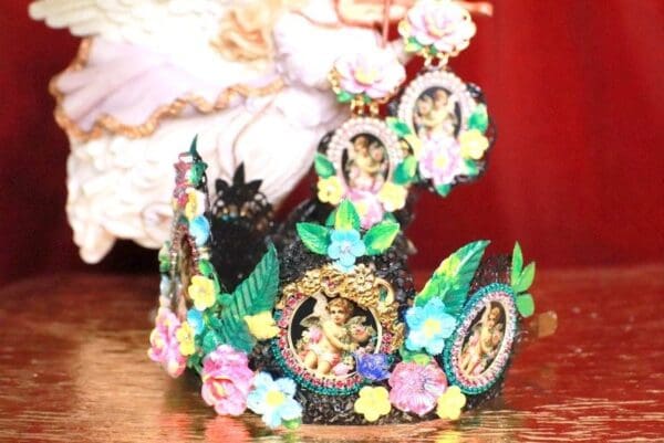7929 Set Of Rococo Bridal Black Cherubs Angels Cameos Crown Tall Headband+ Earrings - Image 6