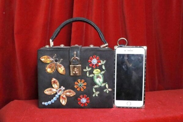A purse and cell phone sitting on top of a table.