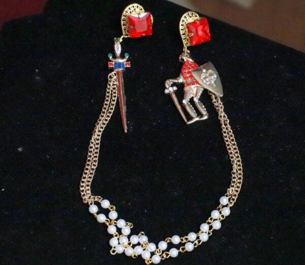 8135 Medieval Enamel Knight Sword Chained Irregular Earrings