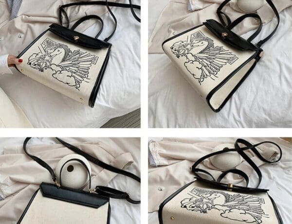 A collage of four different pictures with bags