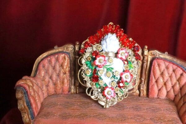 A chair with a red and white picture on it