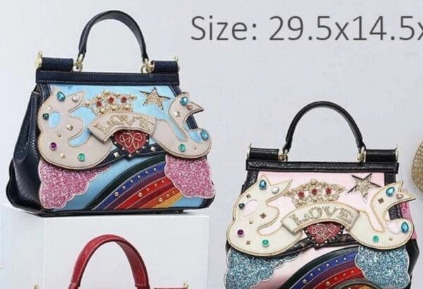A close up of three bags with different designs