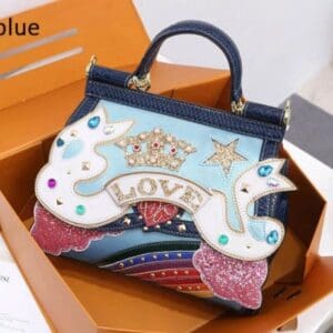 A blue bag with a unicorn design on it