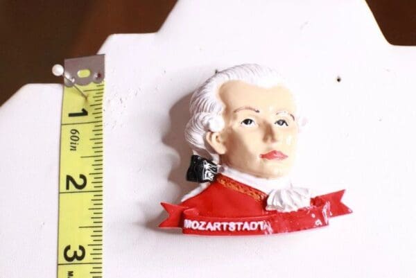 A close up of a toy head with ruler