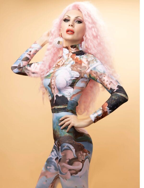 A woman with pink hair and a body suit