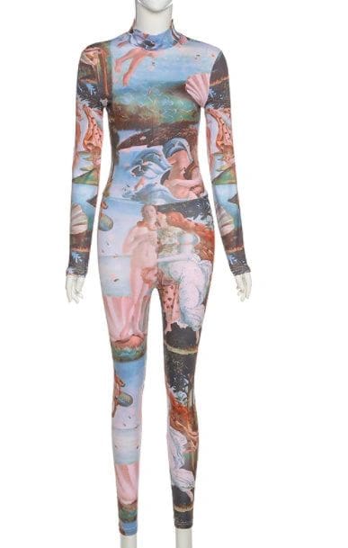 A full body suit with an image of women in various positions.
