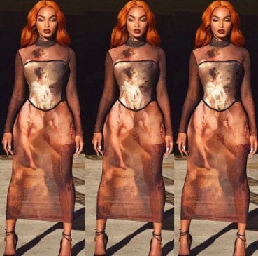 A woman in three different outfits standing on the ground.