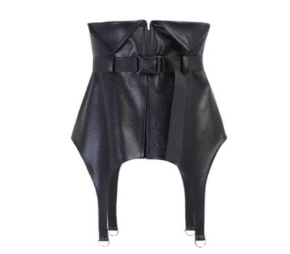 A black leather jacket with a belt on the front.