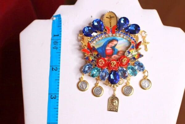8461 Virgin Mary Madonna And A Child Cameo Blue Massive Brooch - Image 6