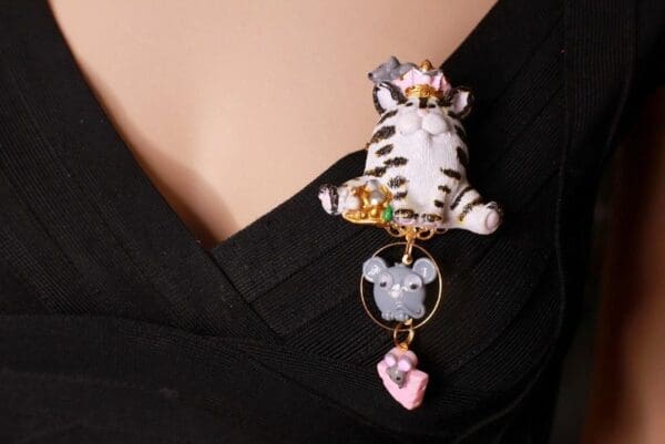 A close up of a pin on the shoulder