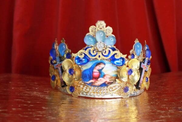 8592 Virgin Mary Madonna Blue Cameos Crown Tall Headband - Image 2