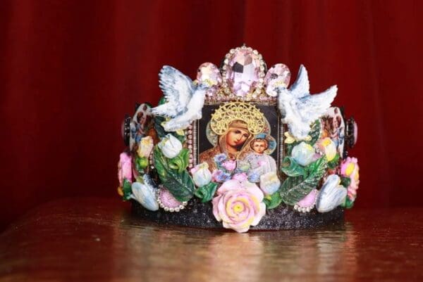 8603 Madonna Virgin Mary Icon Doves Cameos Crown Tall Headband - Image 2