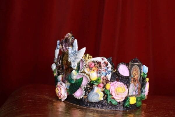 8603 Madonna Virgin Mary Icon Doves Cameos Crown Tall Headband - Image 3