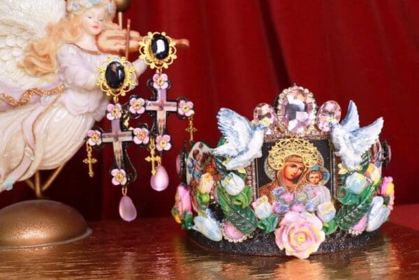 8603 Madonna Virgin Mary Icon Doves Cameos Crown Tall Headband - Image 8