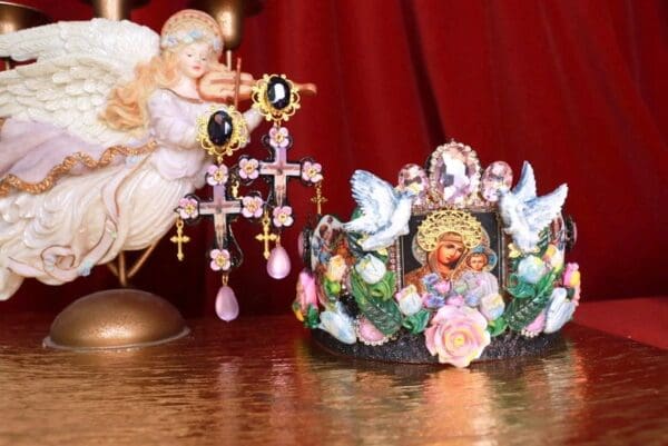 8603 Madonna Virgin Mary Icon Doves Cameos Crown Tall Headband - Image 9