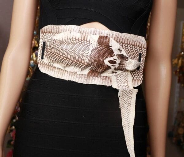 A woman wearing a black dress and a belt.