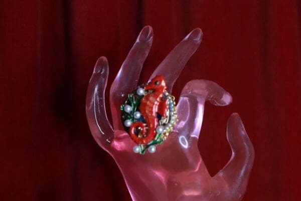 SOLD! 8874 Adjustable Nautical Red Seahorse Genuine agate Ring - Image 2