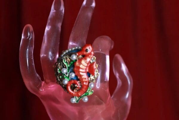 SOLD! 8874 Adjustable Nautical Red Seahorse Genuine agate Ring - Image 3