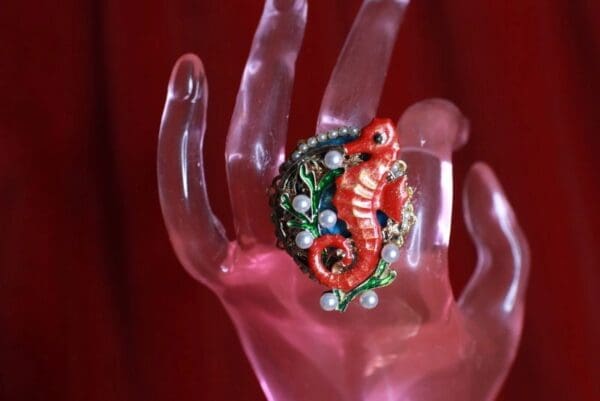 SOLD! 8874 Adjustable Nautical Red Seahorse Genuine agate Ring - Image 4