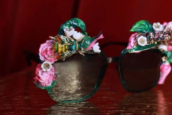 9038 Baroque Enamel Bee Grasshopper Roses Hand Painted Embellished Sunglasses - Image 3