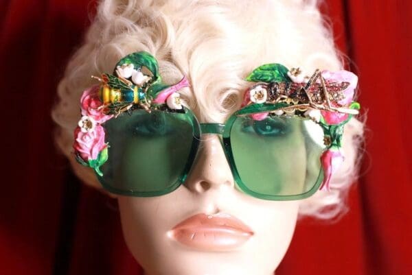 9038 Baroque Enamel Bee Grasshopper Roses Hand Painted Embellished Sunglasses - Image 6