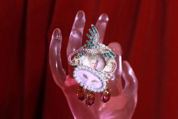 SOLD! 9127 Rhinestones Young Marie Antoinette Mask Cocktail Adjustable Ring - Image 4