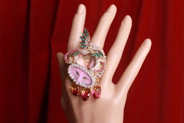 SOLD! 9127 Rhinestones Young Marie Antoinette Mask Cocktail Adjustable Ring - Image 8