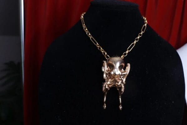 A necklace that is hanging on the neck of someone.