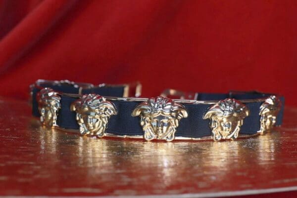 A close up of a dog collar on a table