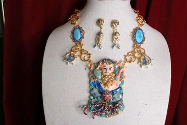 9366 Set Of Nautical Poseidon Neptun Genuine Gemstones Necklace+ Earrings