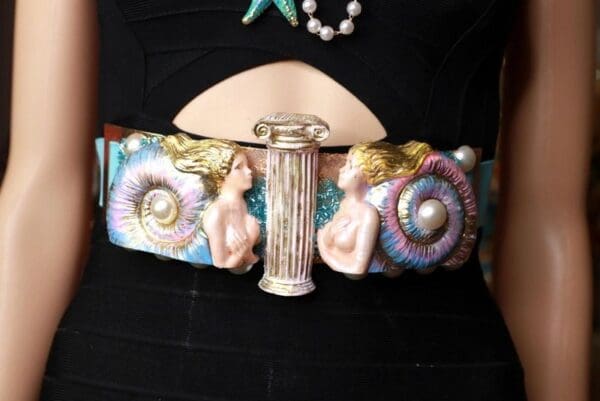 SOLD! 9408 Nautical Art Deco Faced Mermaids Embellished Waist Gold Belt Size S, L, M