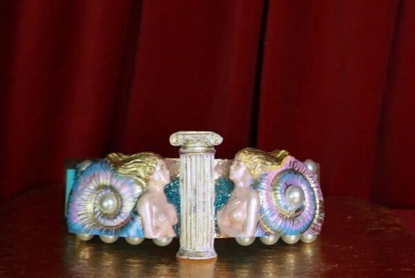 SOLD! 9408 Nautical Art Deco Faced Mermaids Embellished Waist Gold Belt Size S, L, M - Image 5