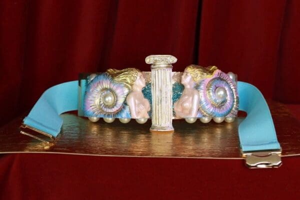 SOLD! 9408 Nautical Art Deco Faced Mermaids Embellished Waist Gold Belt Size S, L, M - Image 7